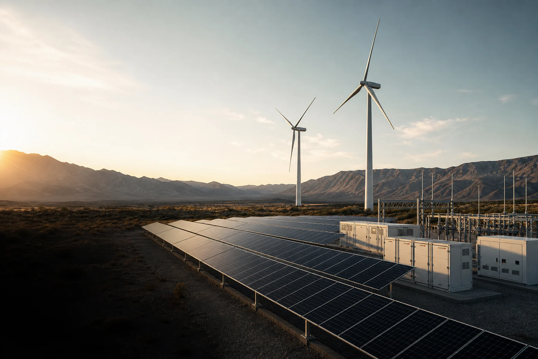 Infraestructura de energía renovable con paneles solares, aerogeneradores y almacenamiento eléctrico