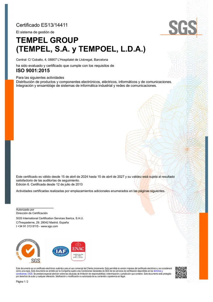 Vista previa del certificado ISO 9001:2015 de Tempel Group